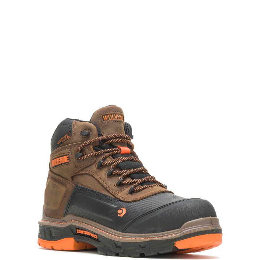 a brown boot with a orange and black sole