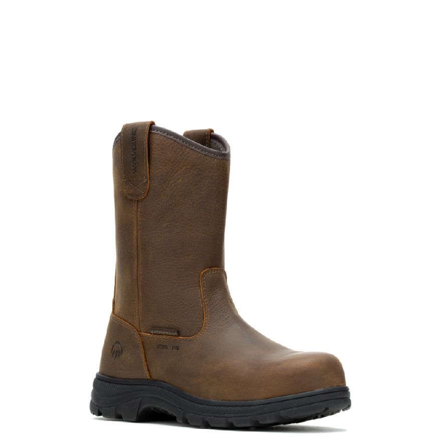 Dark brown wellington work boots.