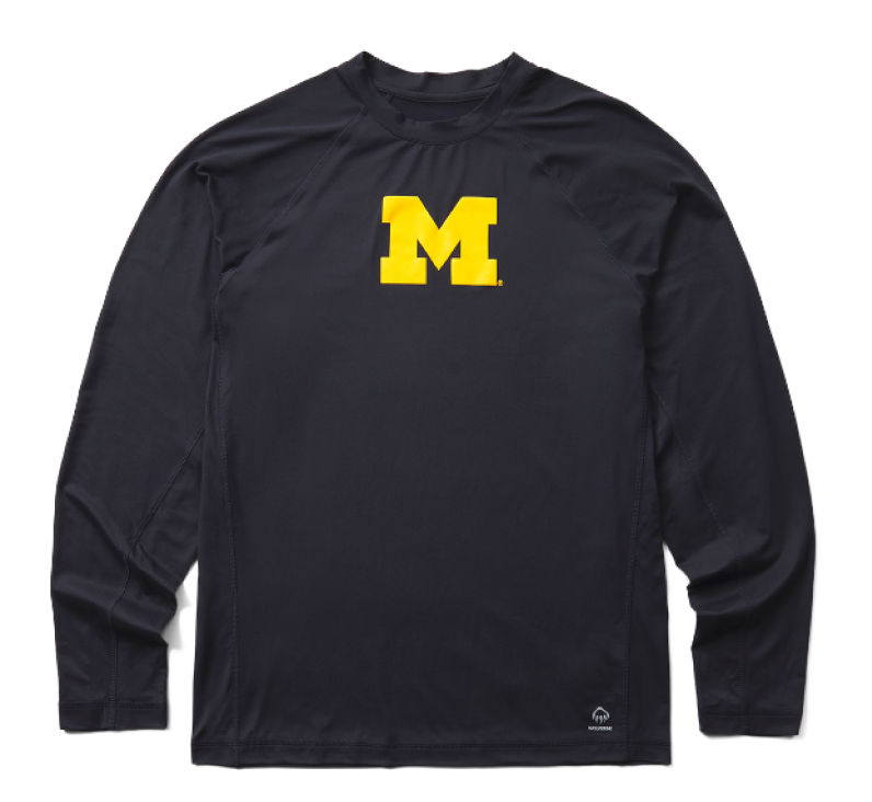 a dark blue long sleeved shirt with a maize M on it