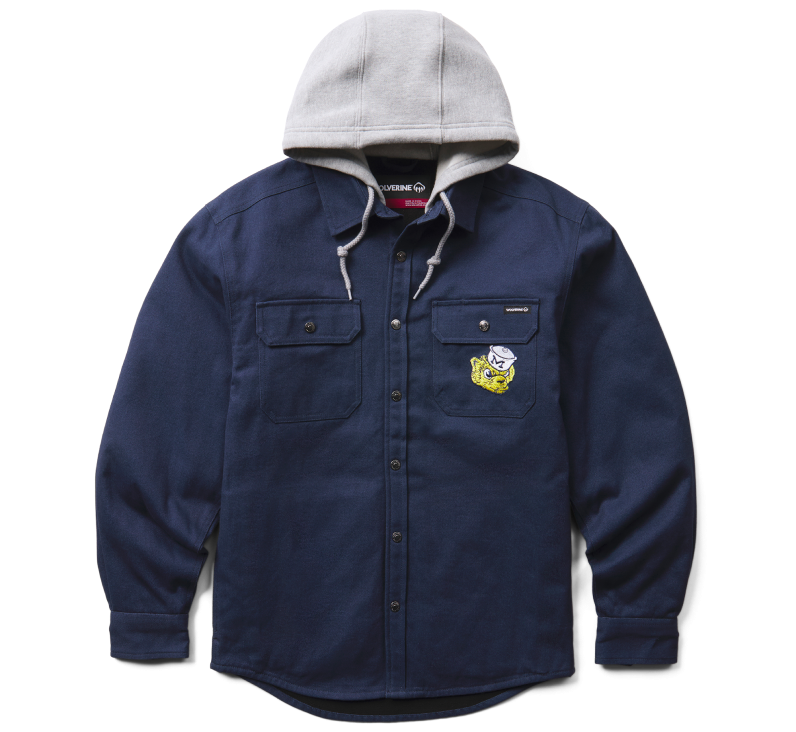 a blue U of M jacket with a grey hood and a Michigan logo