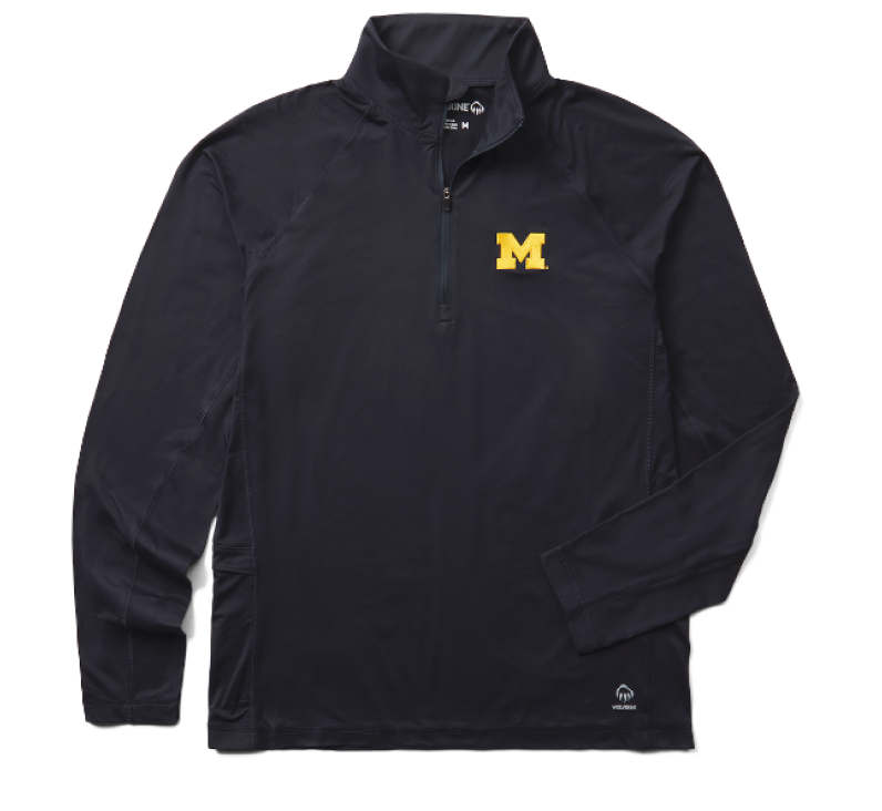 a dark blue jacket with a maize M on it