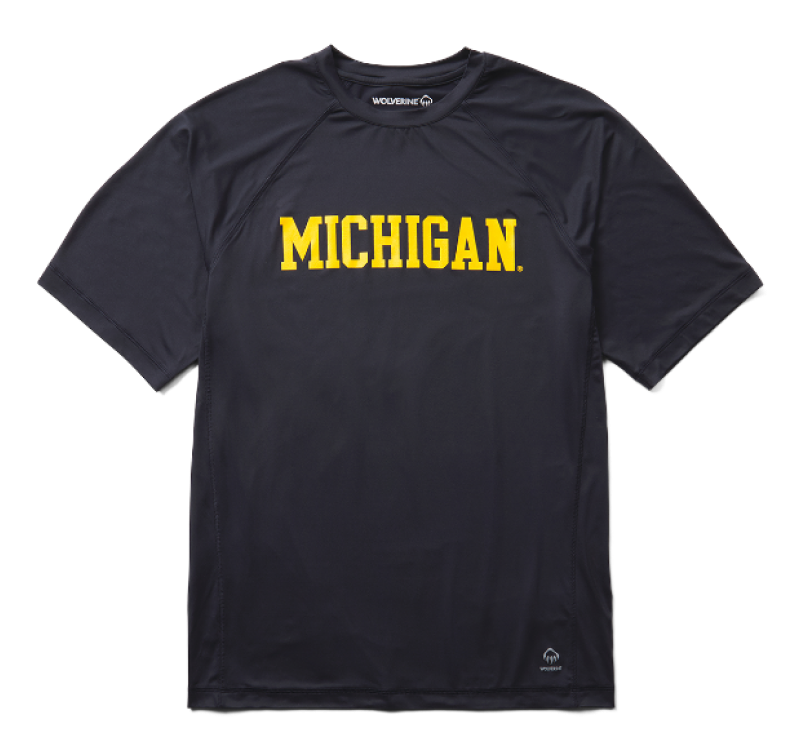 a dark blue shirt with yellow text that says MICHIGAN