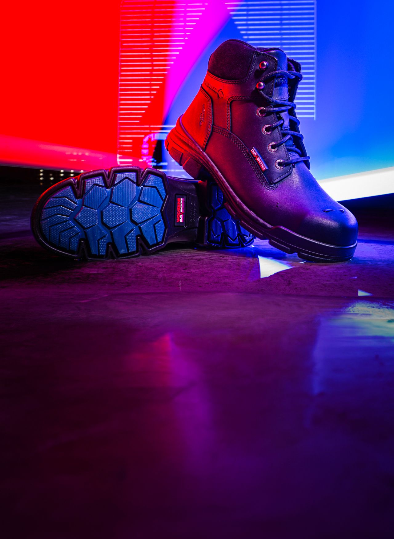 a brown boot on a wet floor