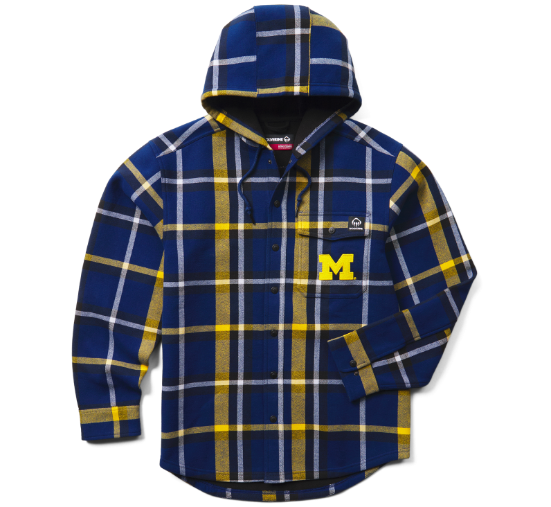 a blue and yellow plaid hoody with a Michigan block M