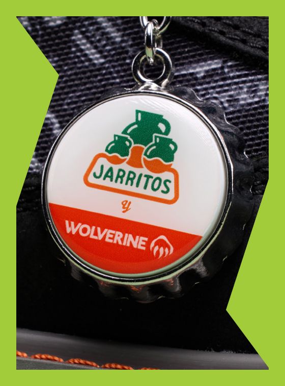 Closeup of a bottle cap with the Jarritos and Wolverine logo